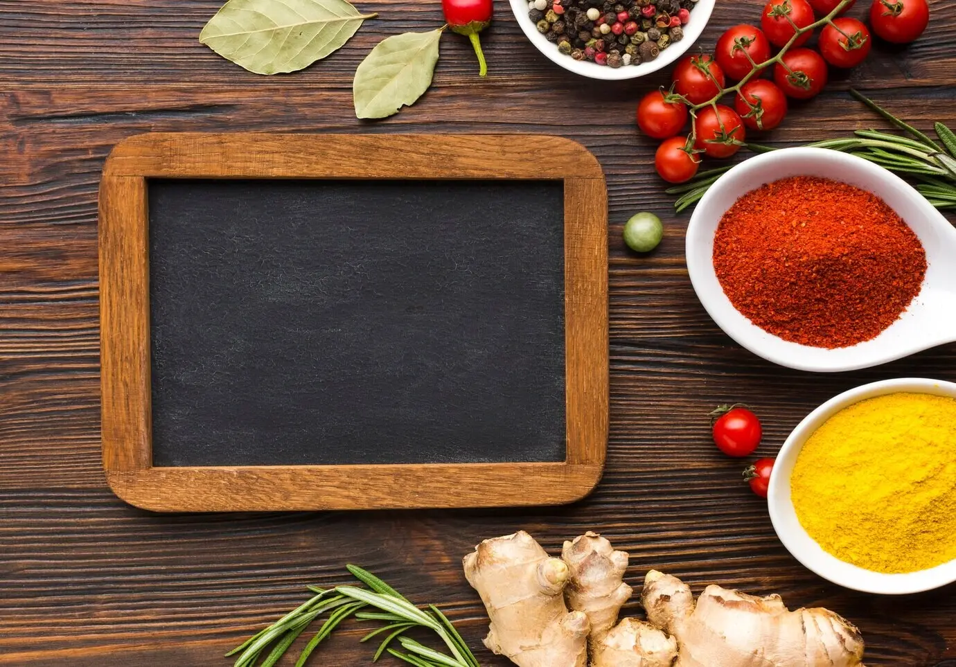 Draufsicht auf eine Mischung aus gemahlenen Gewürzen auf einem Tisch.